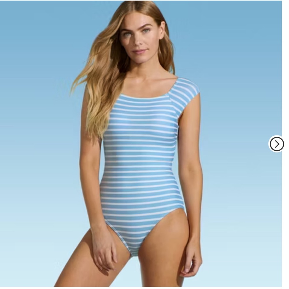 LAND'S END size Large 14-16 Women's Cap Sleeve One-Piece Stripe Swimsuit NEW $70